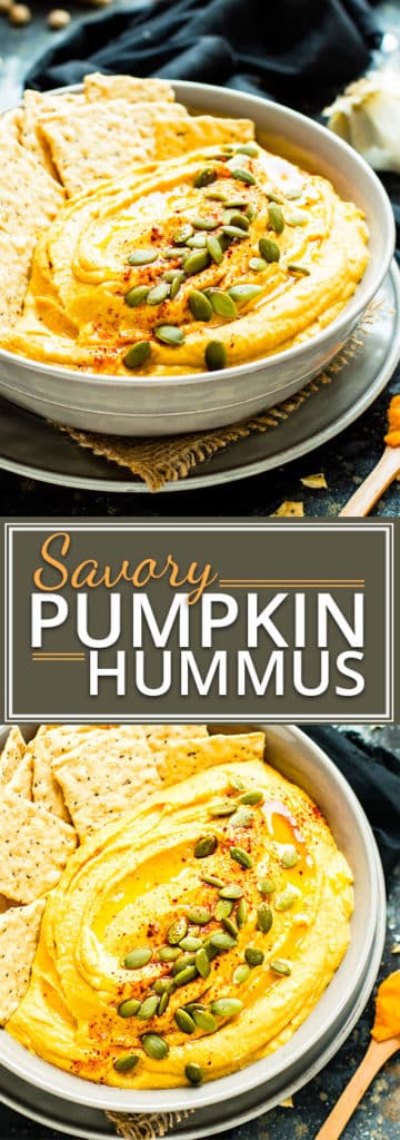 Savory Pumpkin Hummus gets a bit of a kick from a few special ingredients!  This pumpkin hummus recipe makes an awesome Fall or Thanksgiving appetizer that is gluten-free, dairy-free, and vegan.