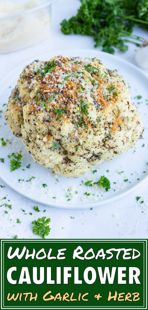 This vegan whole roasted cauliflower is baked in the oven for a low-carb and keto recipe.