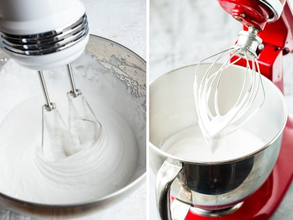 Coconut cream being whipped in a silver bowl with a handheld mixer and a stand mixer.