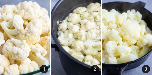 Three pictures showing how to cut, prepare, and boil cauliflower for a cauliflower mash recipe.