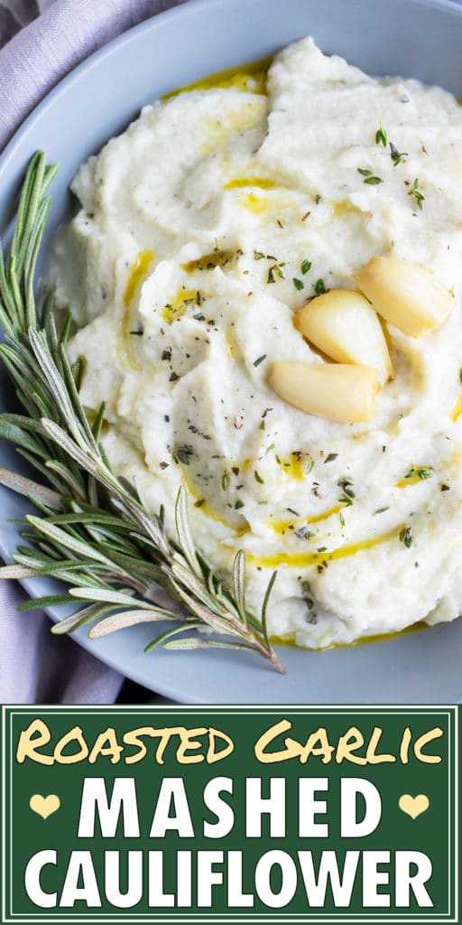 Creamy, healthy, low-carb, and keto cauliflower mash that is being served in a grey bowl for a Thanksgiving side dish.