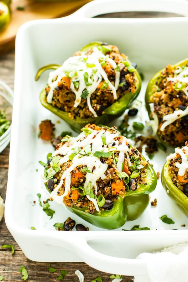 Black Bean Stuffed Bell Peppers with Quinoa in a serving dish for a gluten-free dinner.