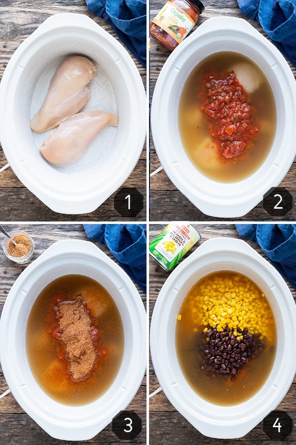 Four images showing how to make slow cooker chicken tortilla soup with salsa, corn, and black beans.