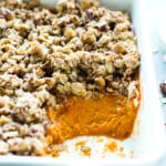 Easy sweet potato casserole ready to serve as a side dish for Thanksgiving.