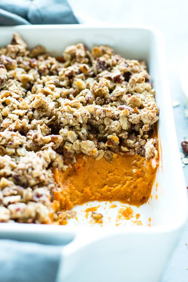 Easy sweet potato casserole ready to serve as a side dish for Thanksgiving.