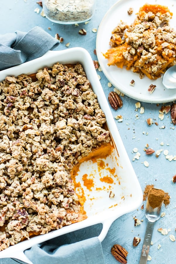 A gluten-free sweet potato casserole recipe that is ready for Thanksgiving.