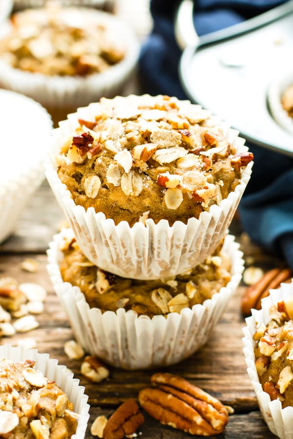 Vegan oatmeal muffins in a stack on a table for a healthy treat.