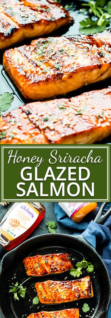 Honey Sriracha Glazed Salmon is a dinner time show stopper! Only a few ingredients are needed to make a sticky sweet honey sriracha marinade and glaze. This easy dinner recipe is ready in under 30 minutes! [sponsored]