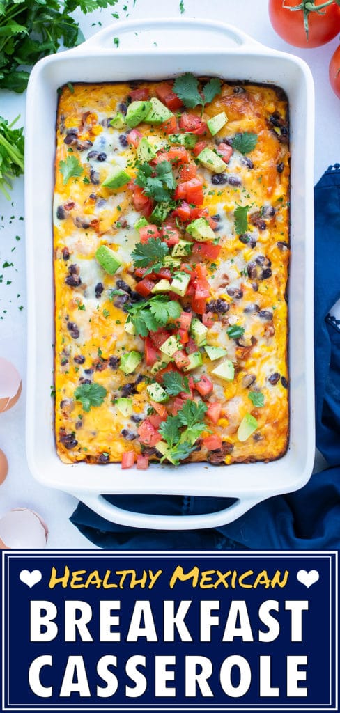 Easy breakfast casserole is served with fresh toppings for a spicy, Mexican inspired breakfast dish.