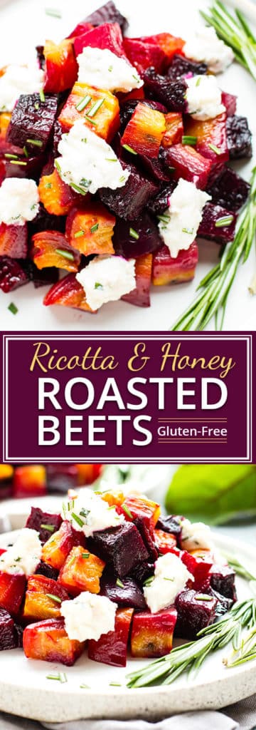 Oven-Roasted Beets with Honey Ricotta | An elegant but super easy side dish, these oven-roasted beets are served with a slightly sweet and tangy honey ricotta and then topped with fresh herbs.  These roasted golden beets make the perfect Thanksgiving, Christmas, Easter, or dinner party side dish.
