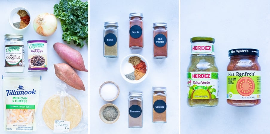A collage of all the ingredients including sweet potatoes, black beans, kale, seasonings, salsa, onion, and corn tortillas. 