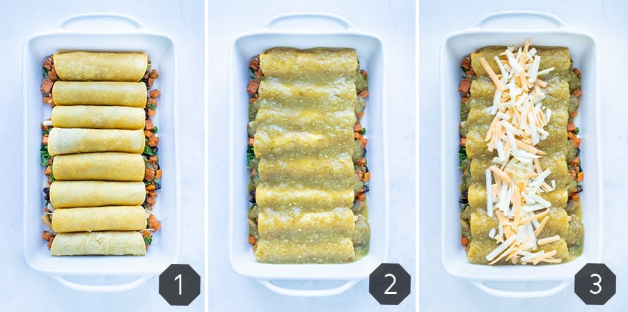 Instructional pictures for how to assemble your sweet potato black bean enchiladas