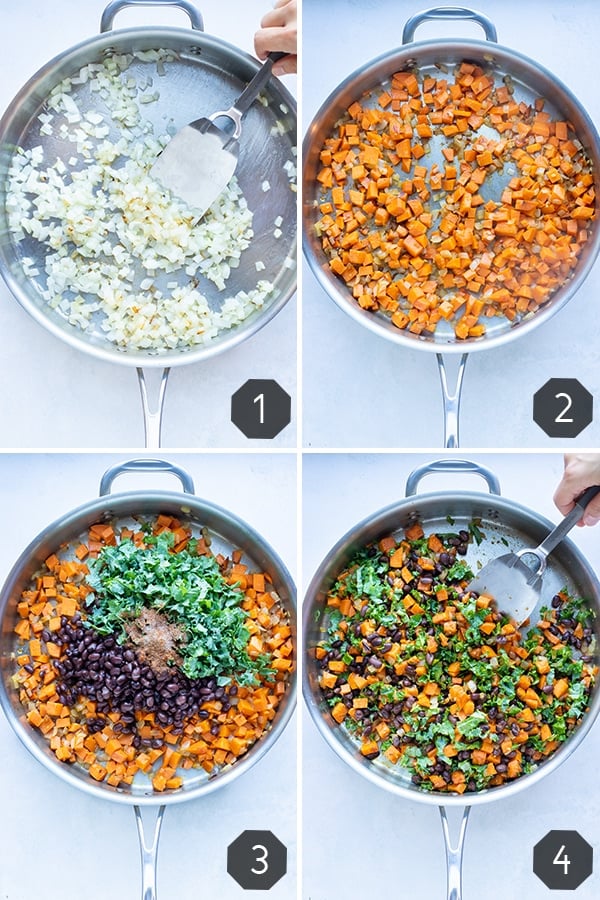 Instructional pictures for how to make sweet potato black bean enchiladas.