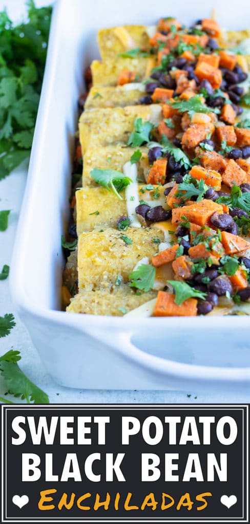 Healthy vegetarian enchiladas are served for a Mexican inspired dinner.