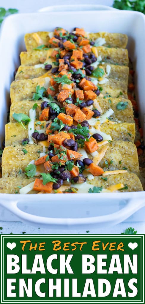 Enchiladas are baked in the oven and served from a baking dish.