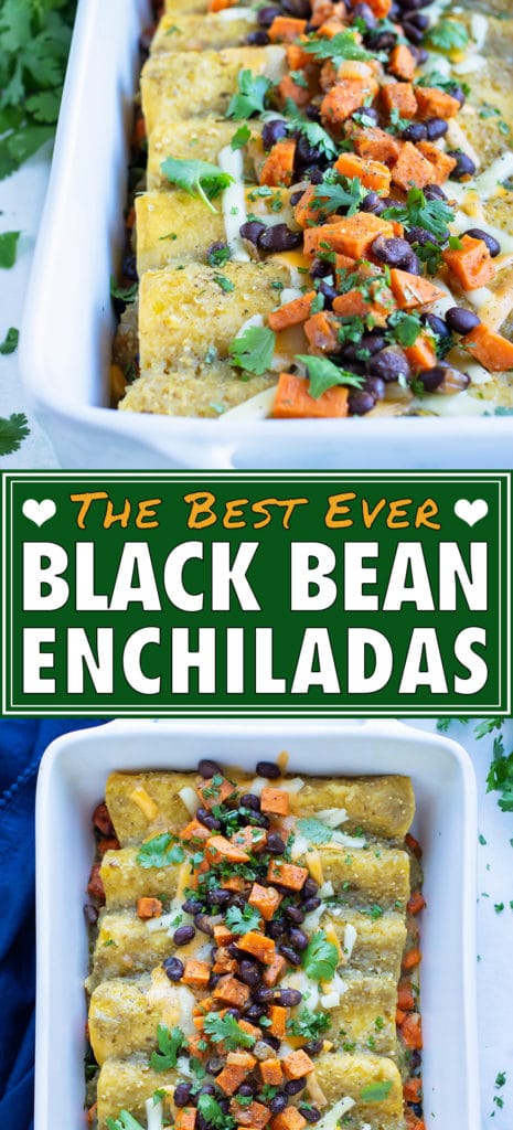 Enchiladas are served from a white baking dish.