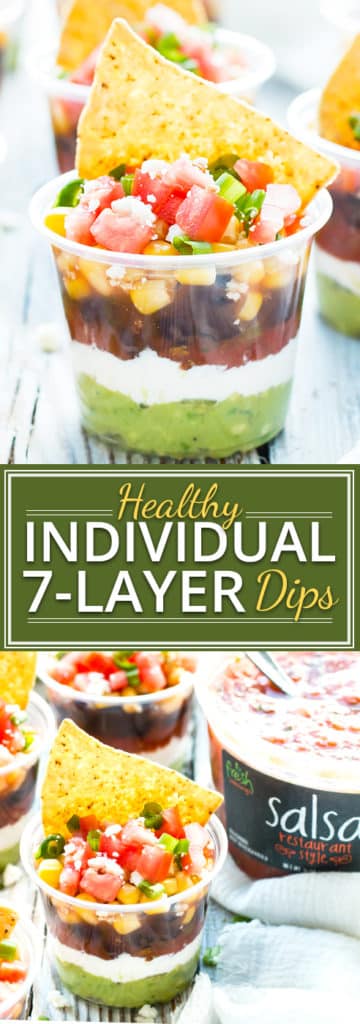 Individual Healthy 7-Layer Dips sponsored by Fresh Cravings salsa | Super cute and personal, these individual healthy 7-layer dips are my guests' favorite snack at parties!  This dip recipe is perfect for Christmas, New Year's Eve, or even Super Bowl parties.  This Healthy 7-Layer Dip is an easy and healthy appetizer recipe that everyone will love!