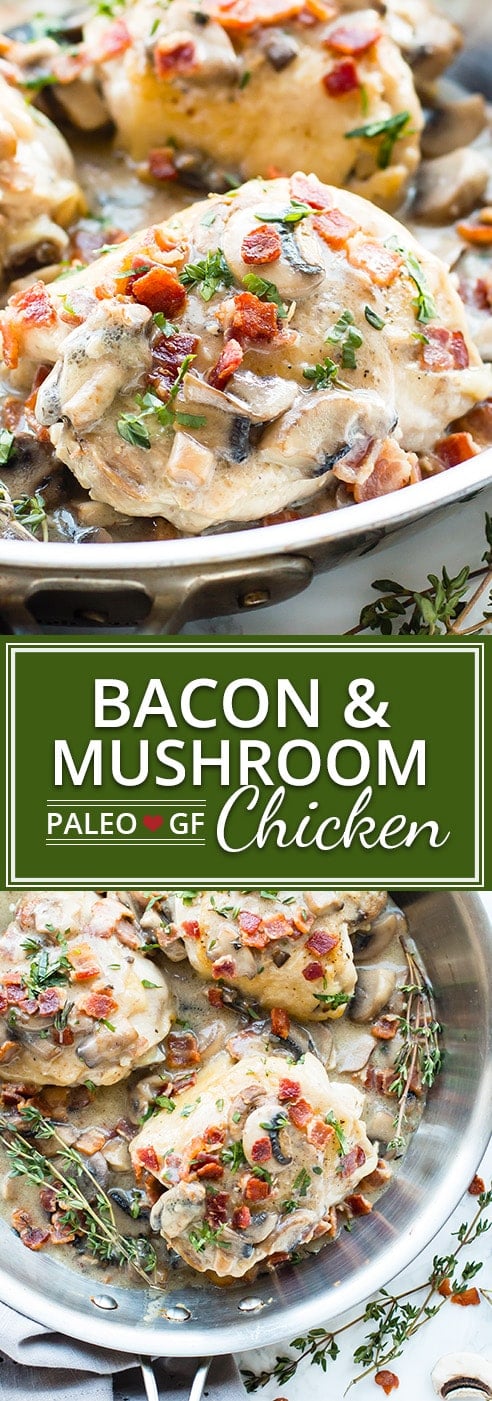 Make clean-up a breeze and whip up these creamy bacon mushroom chicken thighs in one skillet. This healthy chicken dinner recipe is gluten-free, Paleo, dairy-free, and is sure to be a new family favorite!