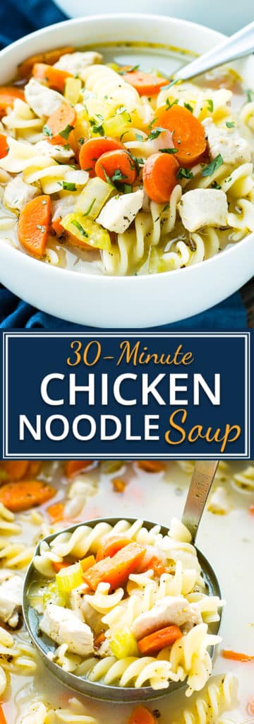 30-Minute Easy Chicken Noodle Soup | Quick and easy chicken noodle soup is the perfect remedy for the cold and flu season!  In under 30-minutes, you will be sitting down to a bowl full of America's favorite classic soup recipe.
