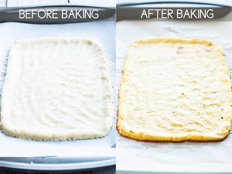 A before and after picture of how to make gluten-free cauliflower pizza crust.