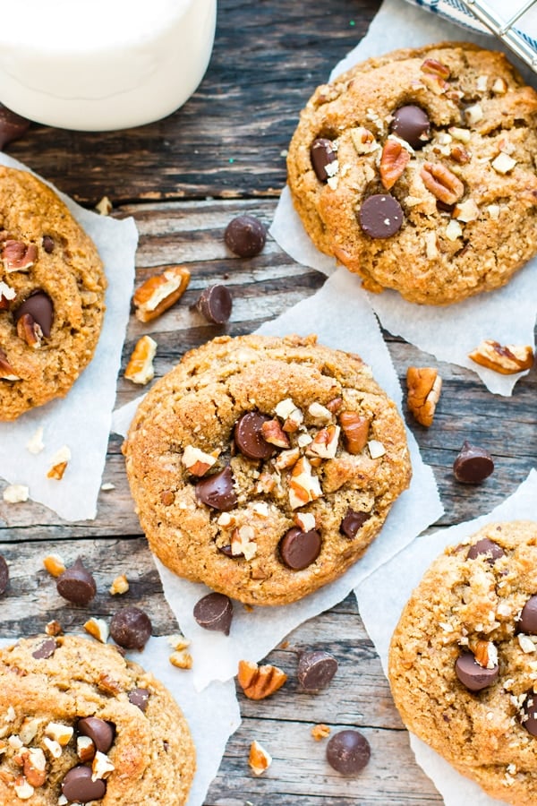 Easy gluten-free chocolate chip cookies with pecans on a table for dessert.
