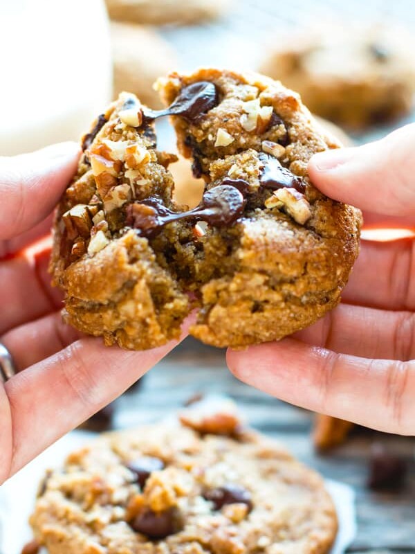 Breaking apart one Soft Paleo Chocolate Chip Cookie with Pecans for an afternoon treat.