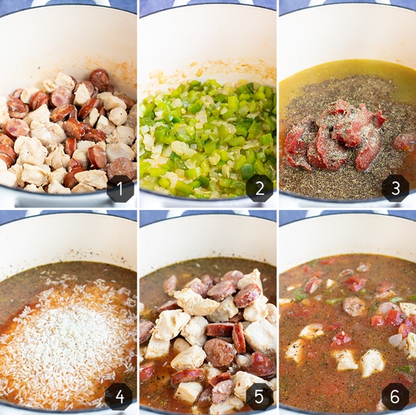 Step by step photos showing how to make Cajun jambalaya with sausage and chicken.