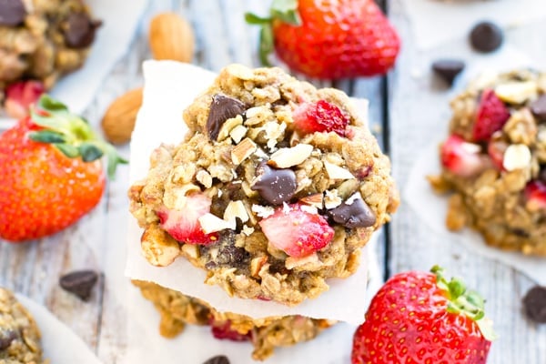 An overhead picture of chocolate strawberry recipe cookies on a table.