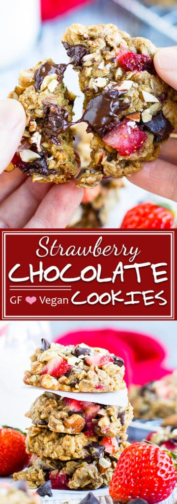 Strawberry Chocolate Chip Oatmeal Cookies | Healthy cookie recipe that is loaded with gluten-free oats, dark chocolate chips, and tons of fresh strawberries for a refined sugar-free, gluten-free, and vegan breakfast cookie recipe! They are a great Valentine's Day cookie recipe or dessert recipe.