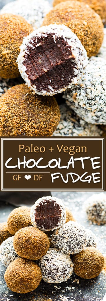Paleo Chocolate Fudge Truffles are made with coconut milk and almond butter for a super creamy and ultra-fudgy grain-free, gluten-free, and vegan dessert recipe!  A healthy fudge recipe that is great for an afternoon snack or kid-friendly dessert.