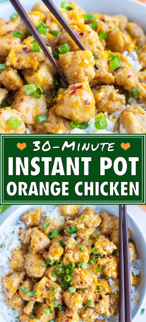 Chopsticks picking up a cube of orange chicken from a plate.