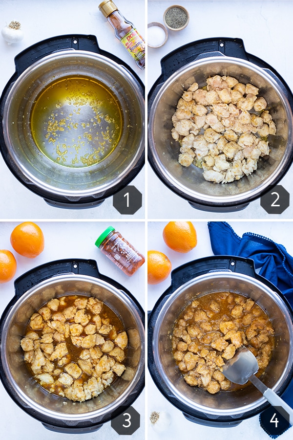 Step-by-step photos showing how to make orange chicken in the Instant Pot.