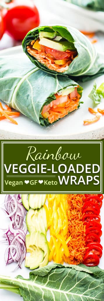 Rainbow Raw Veggie Hummus Wrap | This rainbow raw veggie hummus wrap is loaded with nutritionally-packed carrots, tomatoes, avocado, and greens for a healthy lunch, low-carb snack, or vegan dinner recipe to tackle your healthy eating goals!