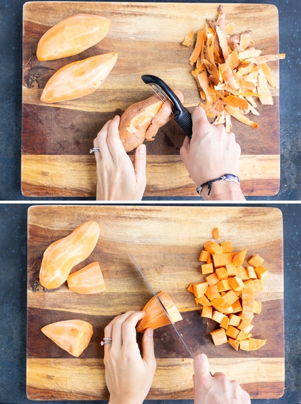 Peeling sweet potatoes and then cutting them into cubes on a wooden cutting board.