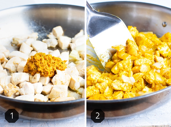 Two pictures showing yellow curry paste being added to chicken and then getting stirred into it.