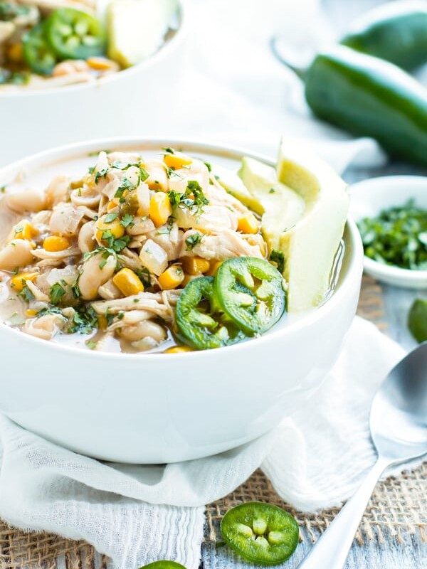Slow Cooker White Chicken Chili in a bowl for a healthy and delicious dinner.