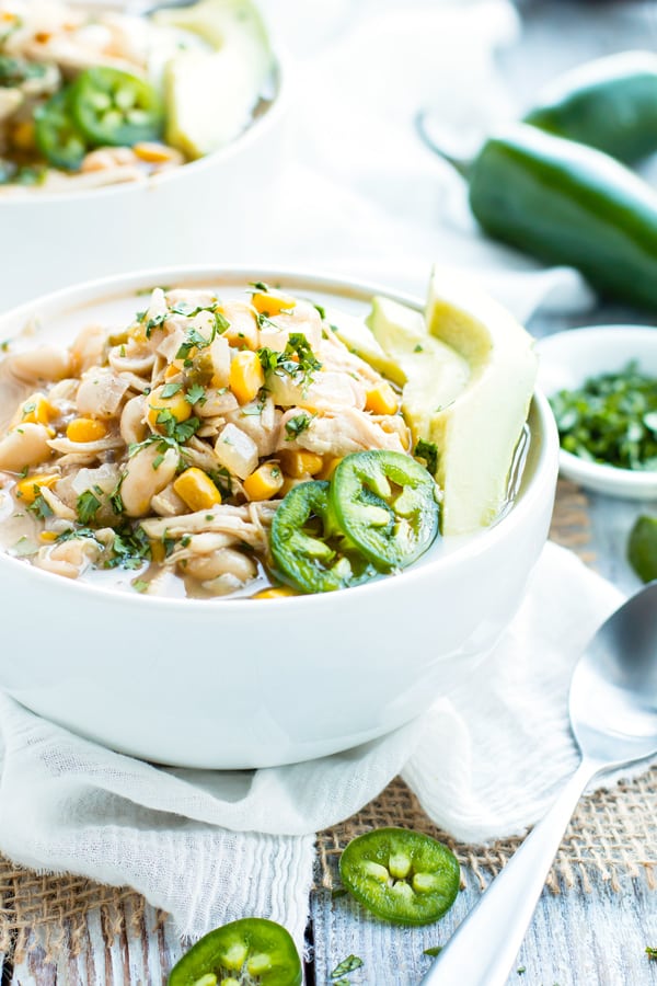 Slow Cooker White Chicken Chili in a bowl for a healthy and delicious dinner.