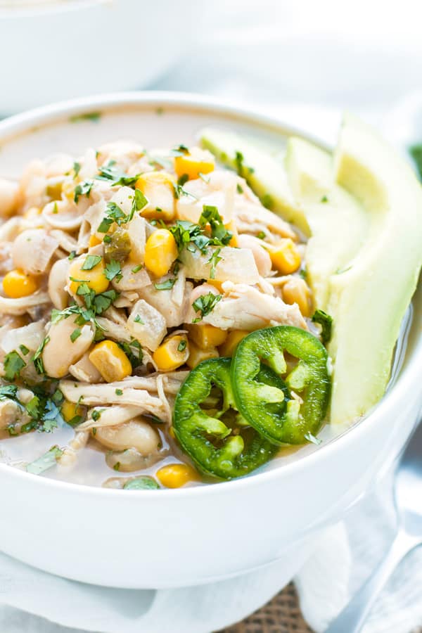A close up picture of a bowl of White Chicken Chili made in the slow cooker.