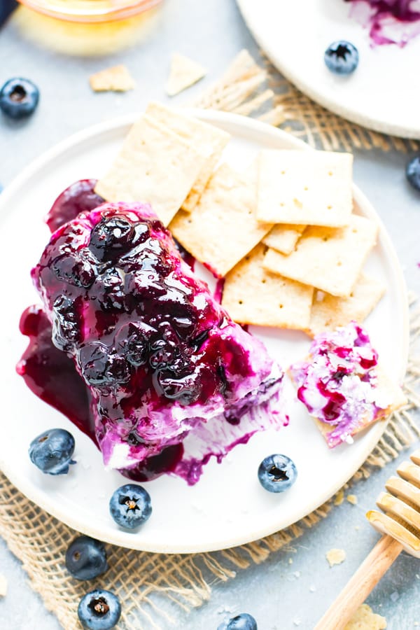 Overhead picture of a gluten-free Honey Blueberry Goat Cheese Log for a quick appetizer.