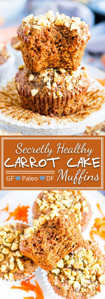Gluten Free + Paleo Carrot Cake Muffins | With Easter just around the corner, a batch of these gluten-free and Paleo carrot cake muffins are sure to hit the sweet spot!  Grain-free, dairy-free, loaded with fresh carrots and topped with crunchy walnuts… These Paleo carrot muffins will give you that healthy breakfast win!