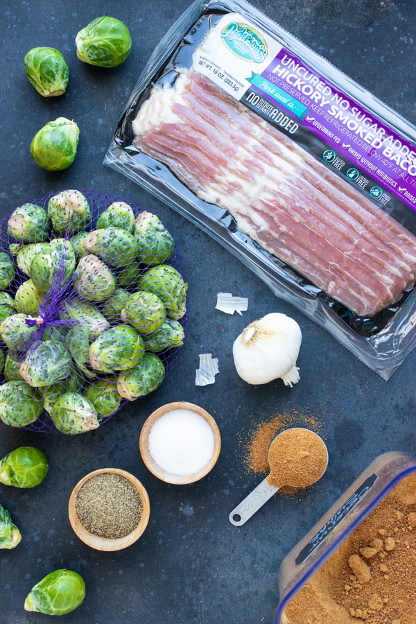 Ingredients for a crispy Brussels sprouts recipe with bacon.