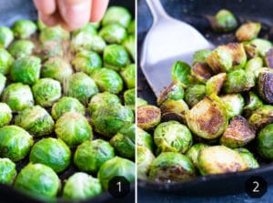 Sprinkling salt and pepper in one image and then showing how to make crispy Brussels sprouts.