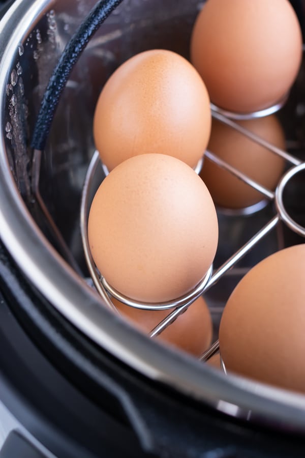 An Instant Pot egg rack with large brown eggs on it.