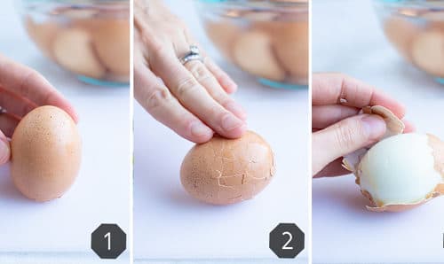 Three images showing you how to easily peel eggs by placing them in a water bath and rolling them on a table.