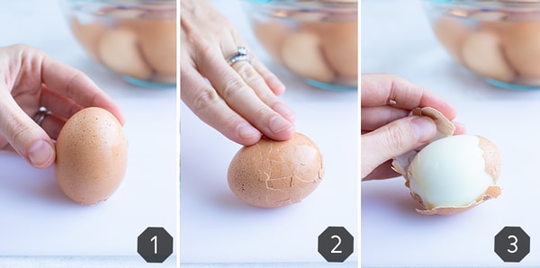 Three images showing you how to easily peel eggs by placing them in a water bath and rolling them on a table.