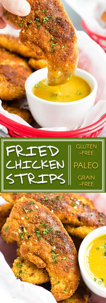 Paleo Fried Chicken Tenders with Honey Mustard Sauce | Gluten-free and Paleo fried chicken tenders are coated in a grain-free almond flour crust, pan-fried, and then served with a homemade honey mustard sauce.  These Paleo fried chicken tenders are an adult and kid-approved healthy chicken recipe!