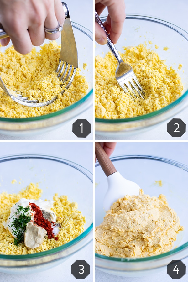 Step-by-step showing how to make deviled egg filling by crumbling with a fork and mixing until smooth.