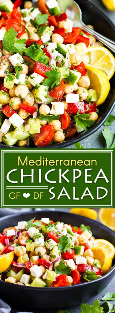Mediterranean Chickpea Salad with Cucumber | Simple, fresh, and nutritious... this Mediterranean Chickpea Salad has it all!  Only 10 minutes of prep, and 5 minutes of assembly are needed to whip up this gluten-free and vegetarian Mediterranean cucumber salad.  This simple chickpea salad is great for potlucks, healthy meal prep lunches, or for bringing to a party.