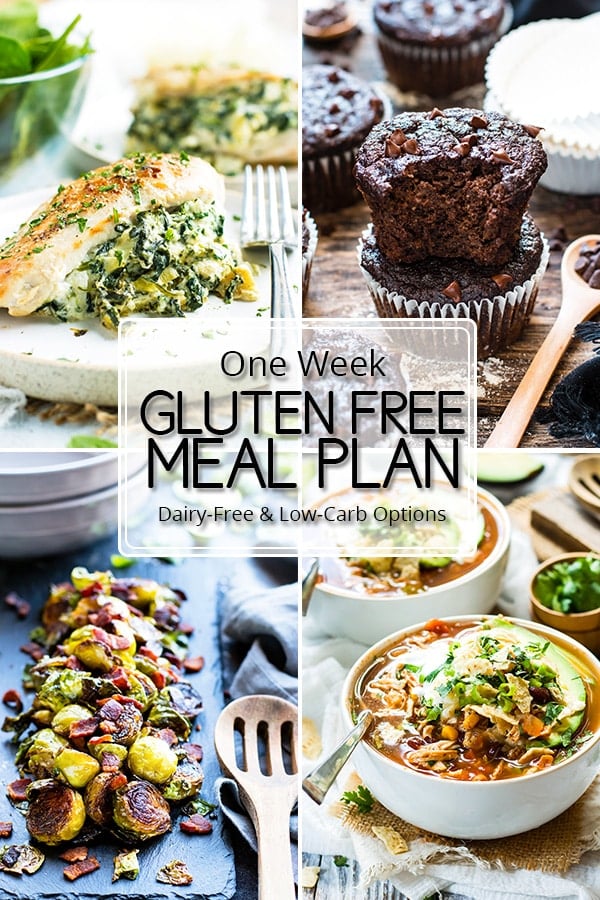 A gluten-free meal plan that is full of kid-friendly recipes, as well as a number of dairy-free and low-carb meal plan options.   This healthy meal plan is full of four main dish recipes, two side dish recipes, one dessert, and one breakfast option.  You can also download free printable recipe cards and an organized grocery list!