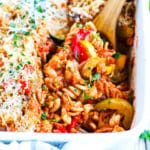 Roasted Vegetable Pasta Bake | Roasted vegetable pasta bake is LOADED with zucchini, summer squash, bell peppers, mushrooms, onions and then baked to a crispy golden perfection.  This vegetarian and gluten-free pasta bake has always been a go-to dinner recipe in our house!